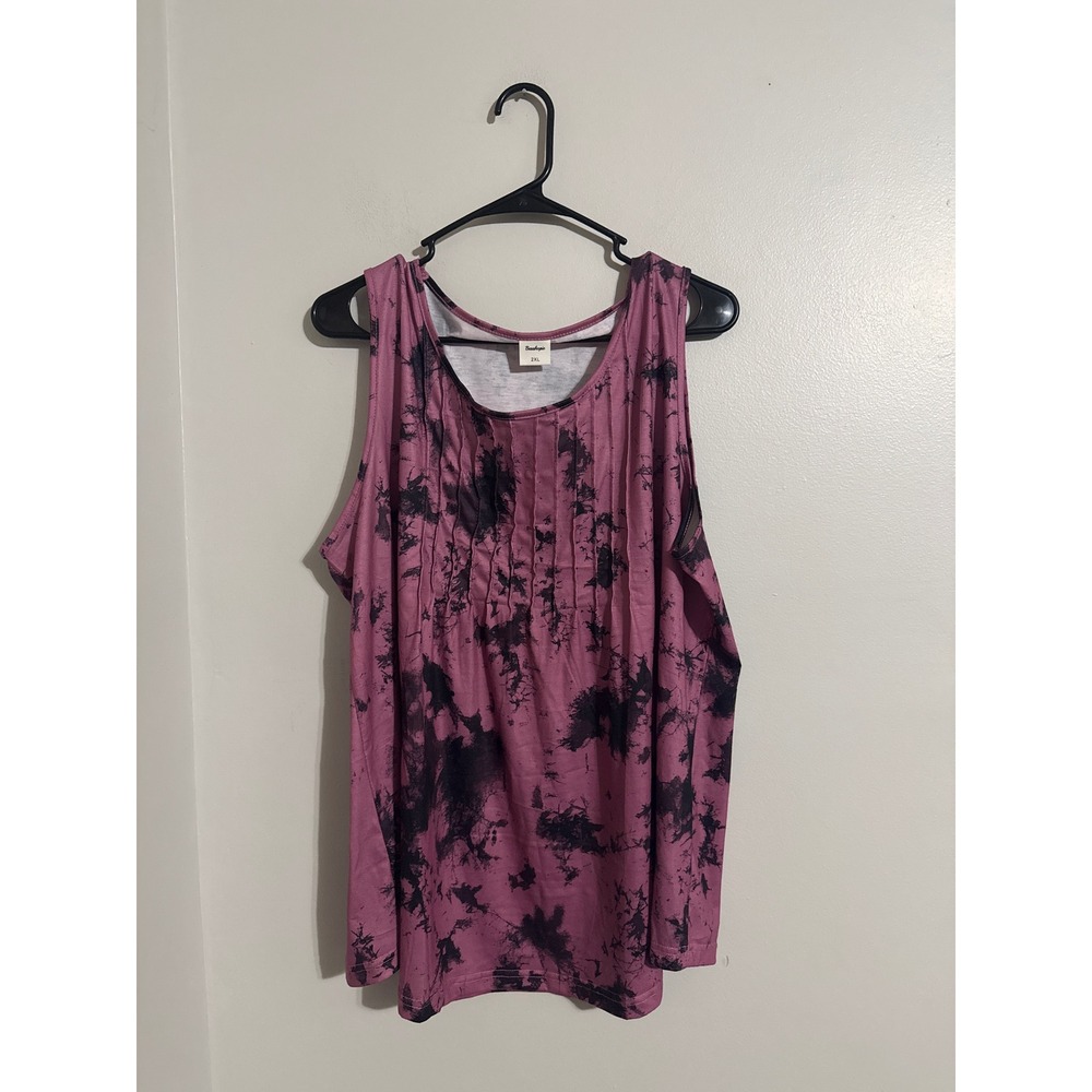 Besshopie Pink Black Tie Dye Pintuck Pleated Tank Top Womens 2XL Sleeveless